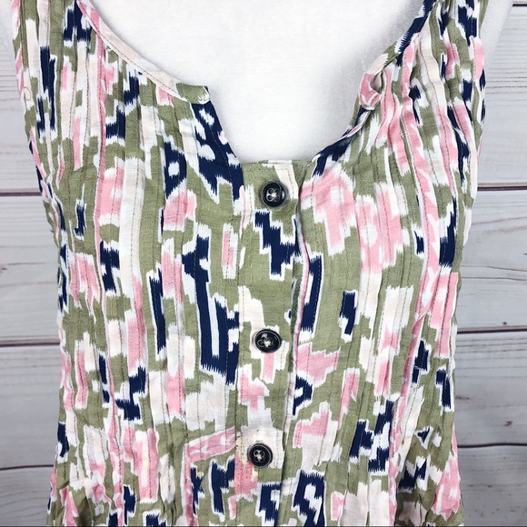 MAEVE Green Pink Ikat Soana Pleated Tank Top 4 - Picture 3 of 7